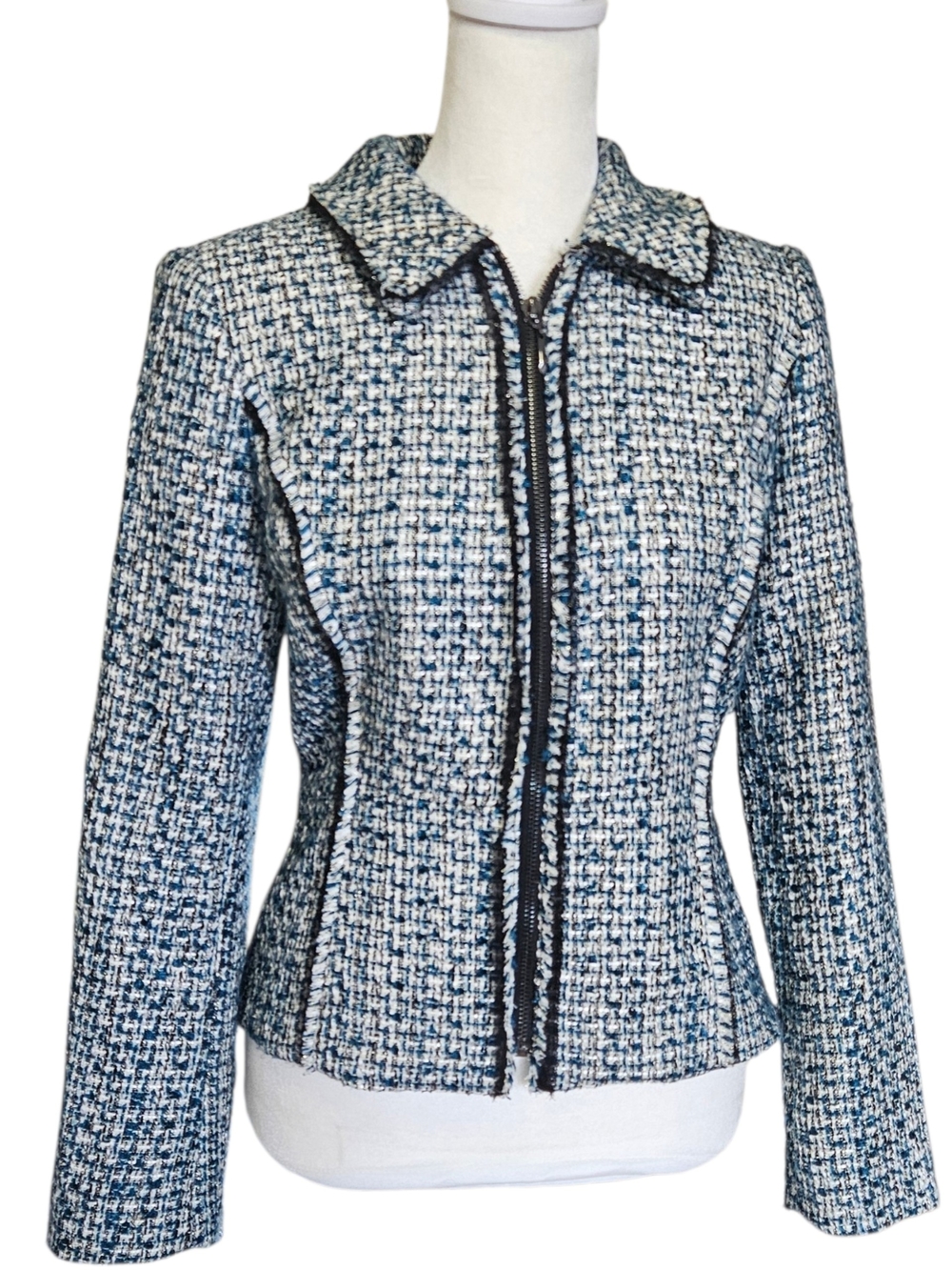 White House Black Market Blue & White Tweed Zip Jacket